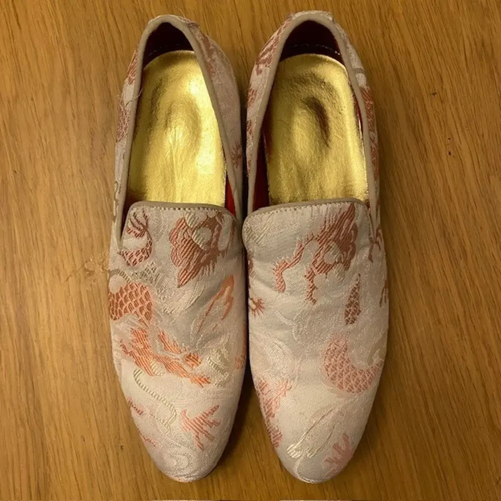 Dress Loafers Size EU 39 Mens 7 Womens 9 Slip on Embroidered Pink Jacquard Shoes - Picture 2 of 9